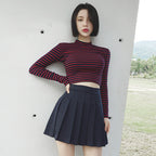 Striped Long Sleeve Crop Top Blouse