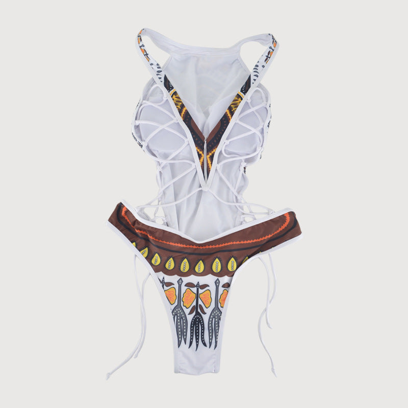 Tribal Print High-Neck Cutout One-Piece Swimsuit