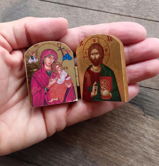 Wooden Christ & Virgin Mary Icon Diptych | Christian Home Decor