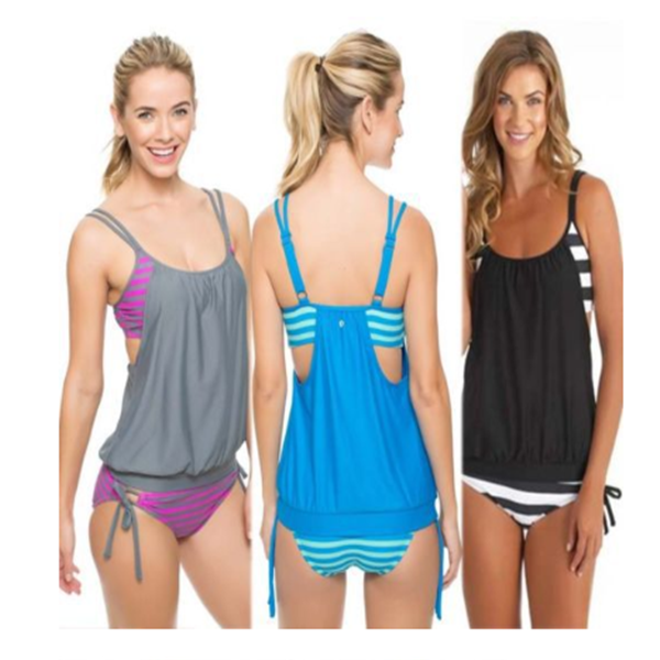 Women's Striped Blouson Tankini Set