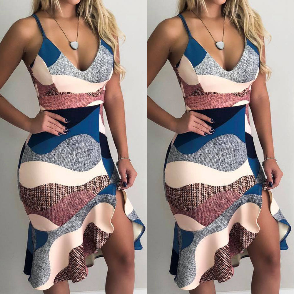 V-Neck Ruffled Bodycon Dress with Spaghetti Straps