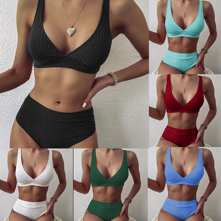 Women's Ribbed V-Neck High-Waist Bikini Set
