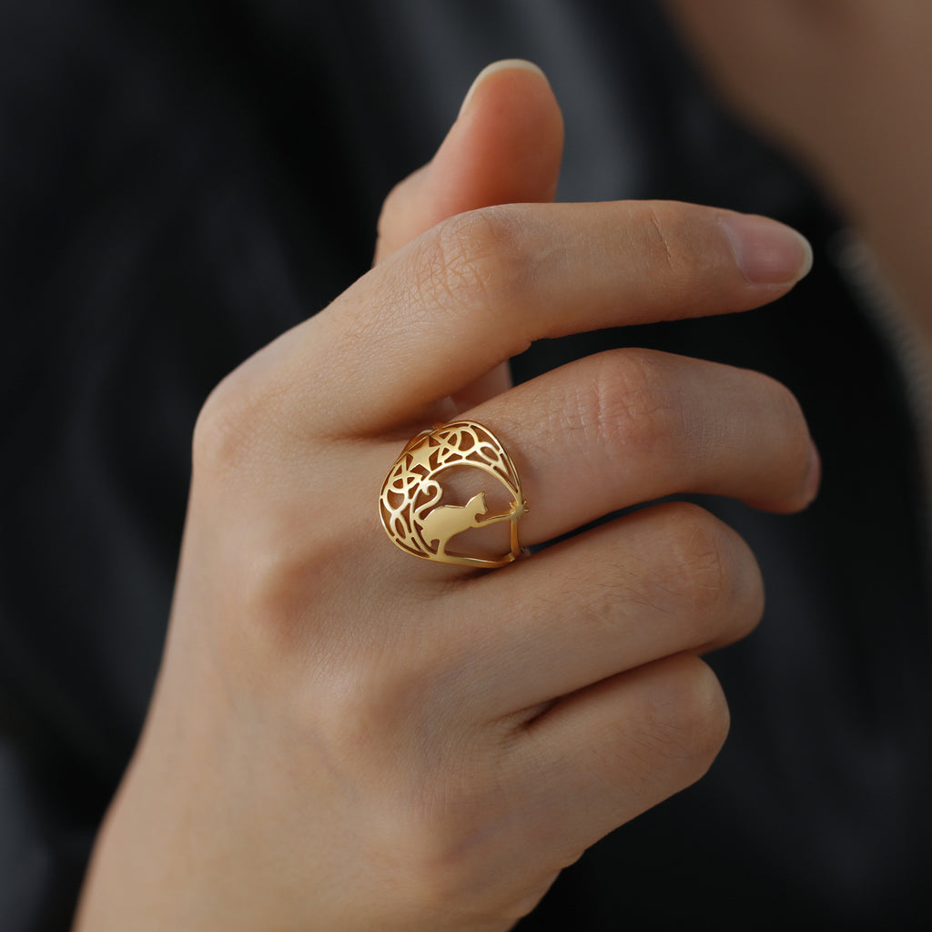 Cat and Star Cutout Ring in Stainless Steel