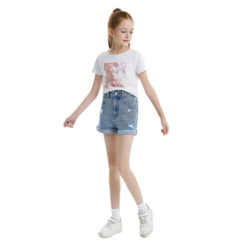 2024 Spring/Summer Girls' Distressed Denim Shorts