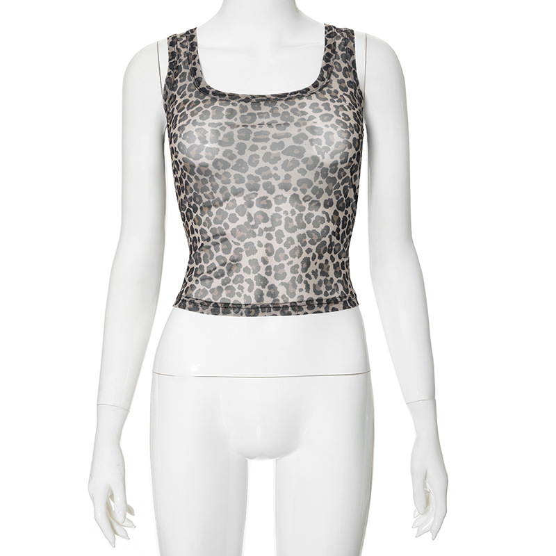Leopard Print Sleeveless Mesh Crop Top