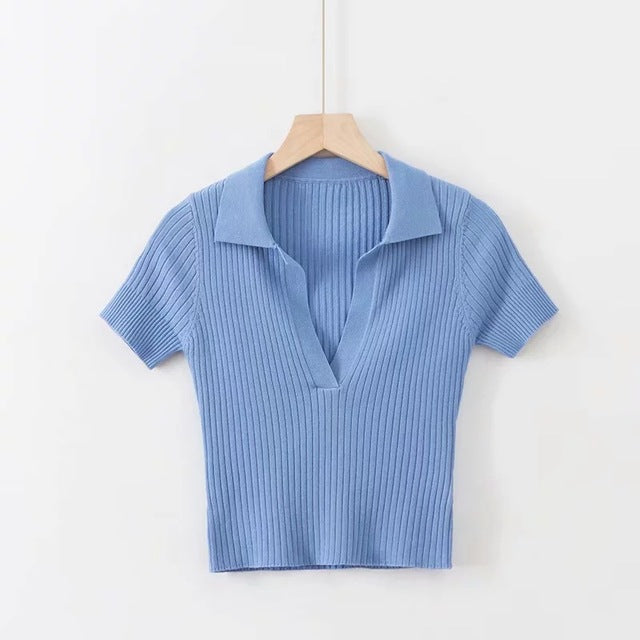 V-Neck Solid Color Short Sleeve Knit Crop Top