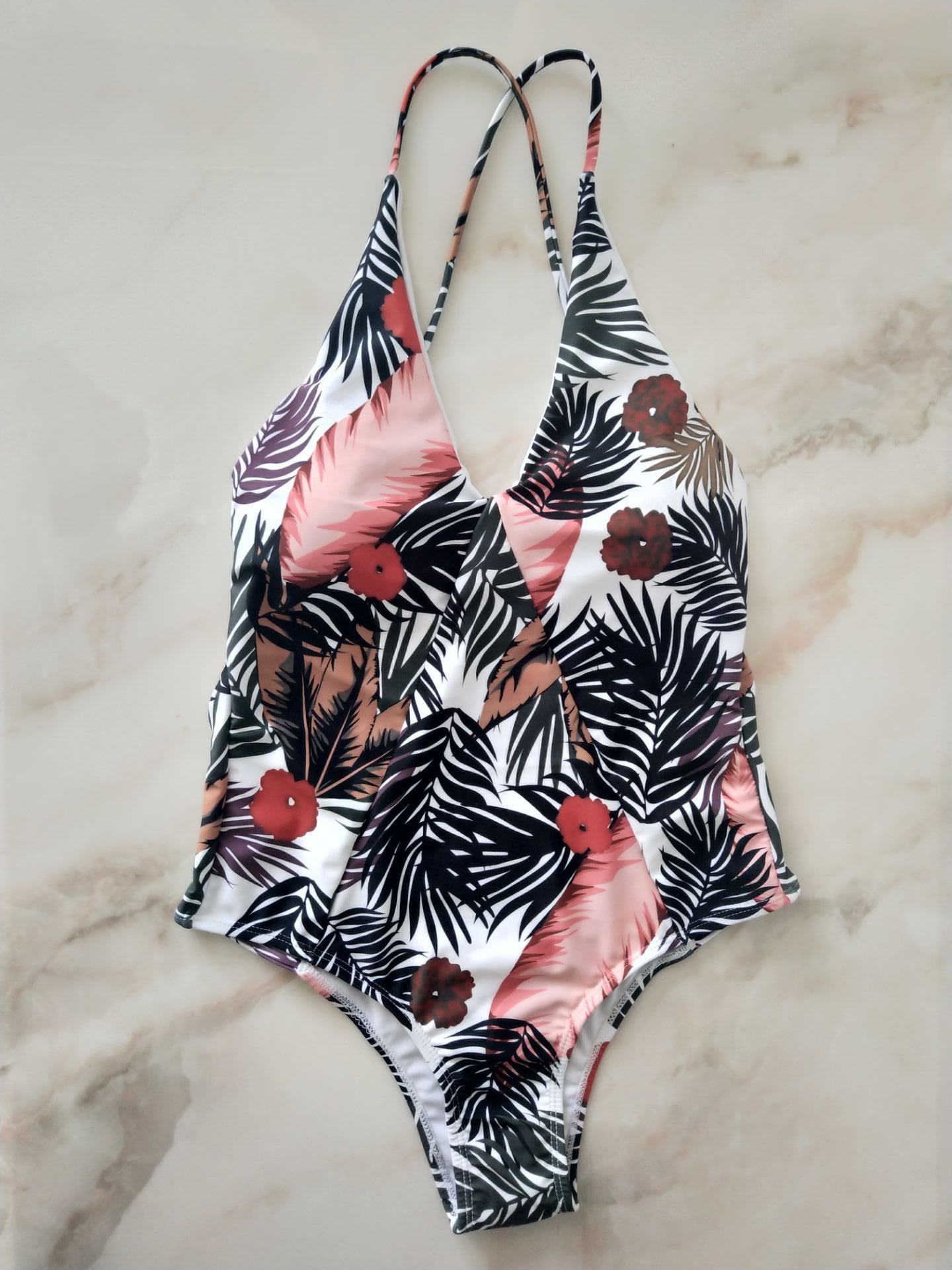 Tropical Palm Print Deep-V One-Piece Swimsuit