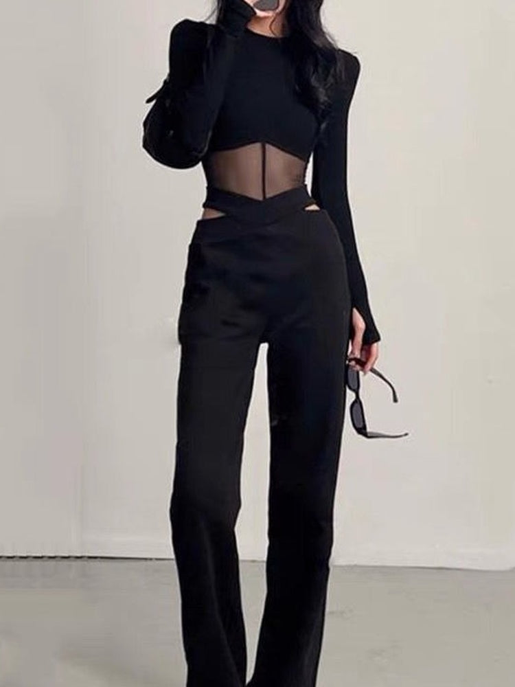 Black Long Sleeve Slim Fit Crop Top for Women