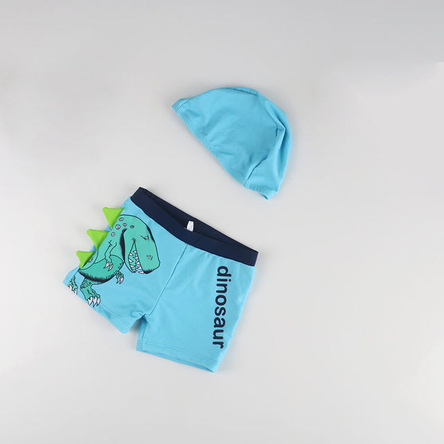 Boys Cartoon Dinosaur Swim Trunks and Cap Set