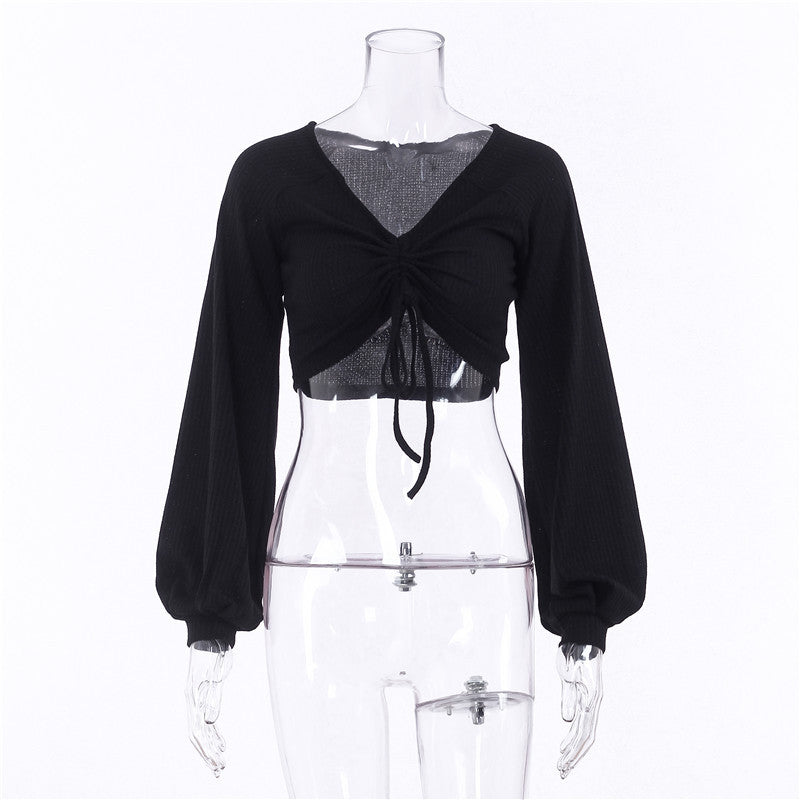 V-Neck Lantern Sleeve Crop Top for Women