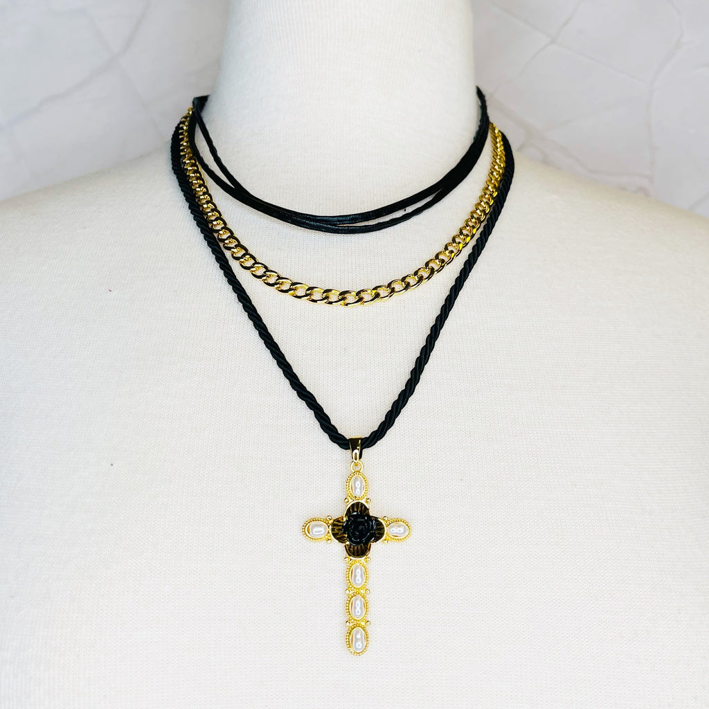 Layered Black Rose Cross Necklace | Christian Jewelry