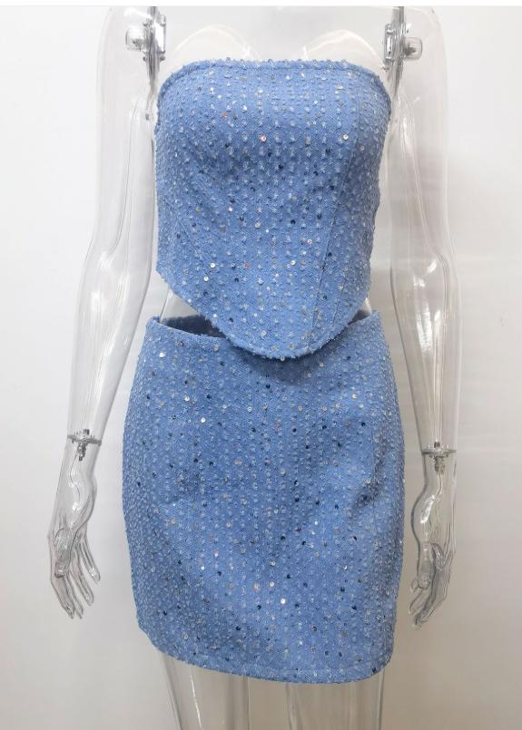 Chic Denim Sequin Bustier Set (One Set)