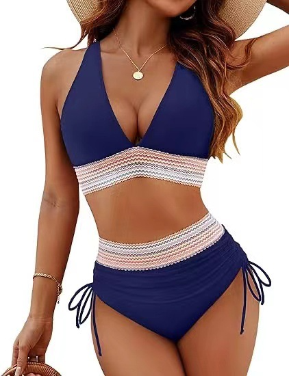 Women's High-Waist Halter Bikini Set with Zigzag Trim