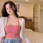 Plaid Lace-Up Tank Top for Women - Slim Fit Camisole