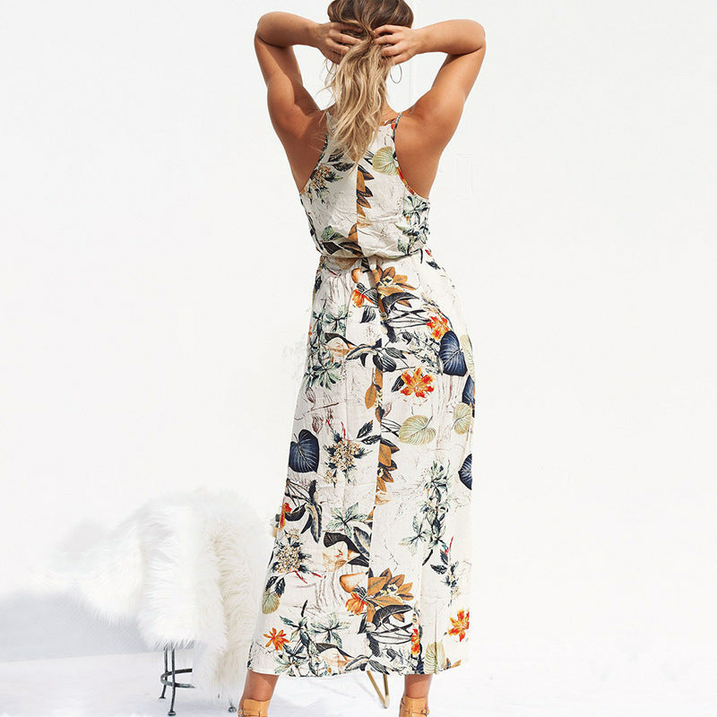 Long Printed Beach Dress with Spaghetti Straps