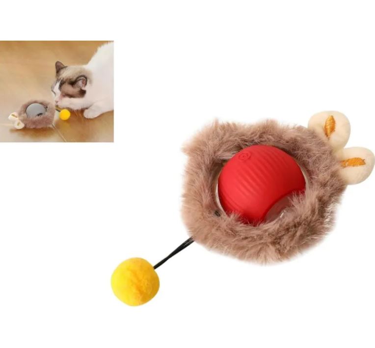 Interactive Cat Toy Automatic Rolling Ball Self-Moving Electric Rotating Ball with Plush Cover and Feather Pompom String for Cats Dogs