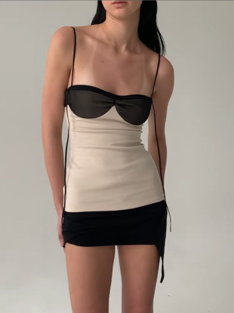 Retro Color Block Patchwork Camisole Dress