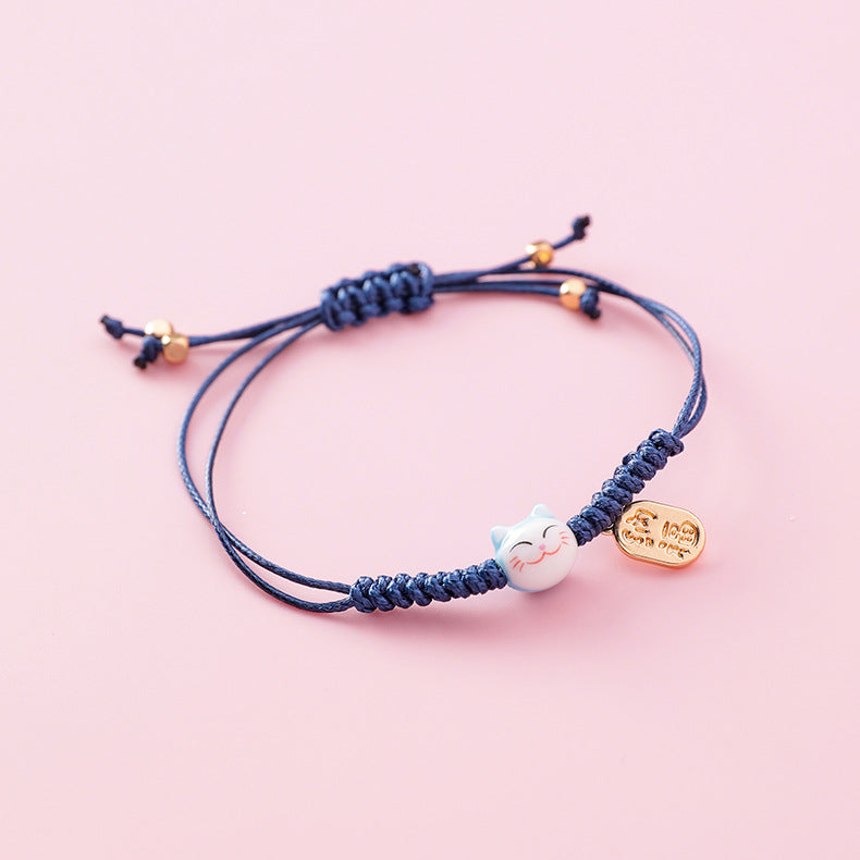 Handcrafted Ceramic Lucky Cat Bracelet with Bell