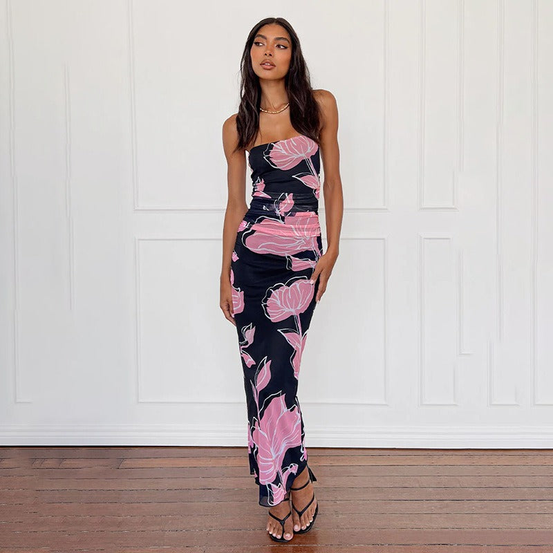 Pleated Mesh Floral Print Tube Top Dress