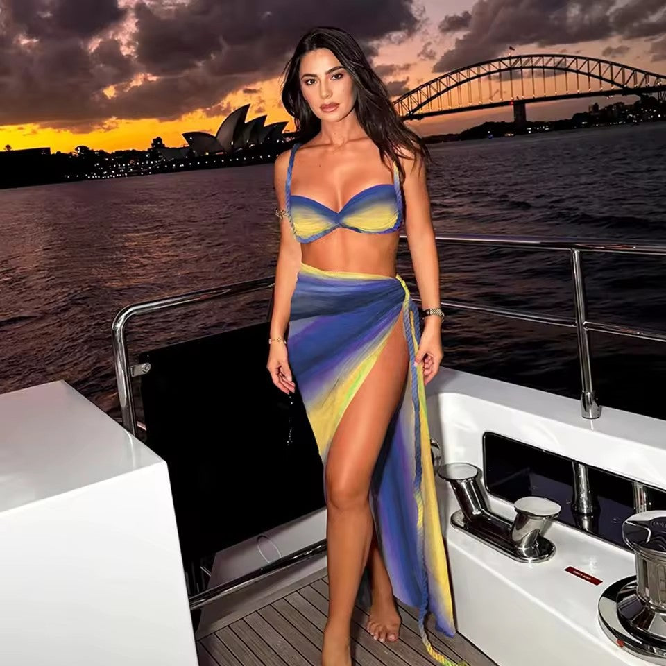 Ombre Pink Orange Bikini Set with Wrap Sarong