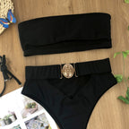 Metal Buckle Strapless Bandeau Bikini Set