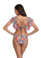 Striped Fruit Print Cold-Shoulder Ruffle Bikini Set