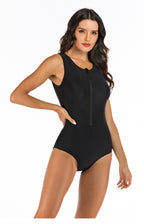Women's Black Zip-Front Athletic One-Piece Swimsuit