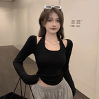 Women's White Square Collar Long-Sleeve Halter Top