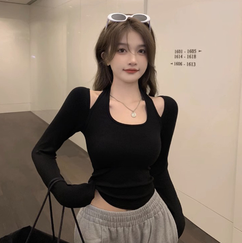 Women's White Square Collar Long-Sleeve Halter Top