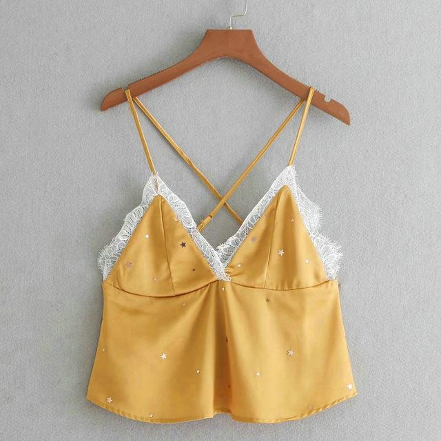2018 New Women's Starry Lace Camisole with Rhinestones