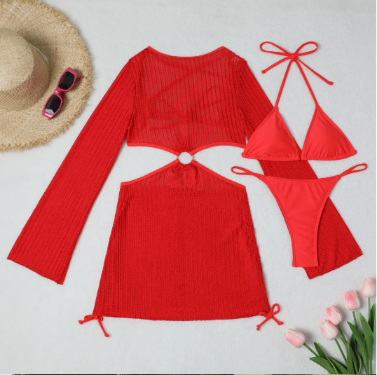 Knit Long-Sleeve Cutout Beach Cover-Up Dress
