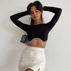 Fashionable Long Sleeve Rhinestone Crop Top for Women