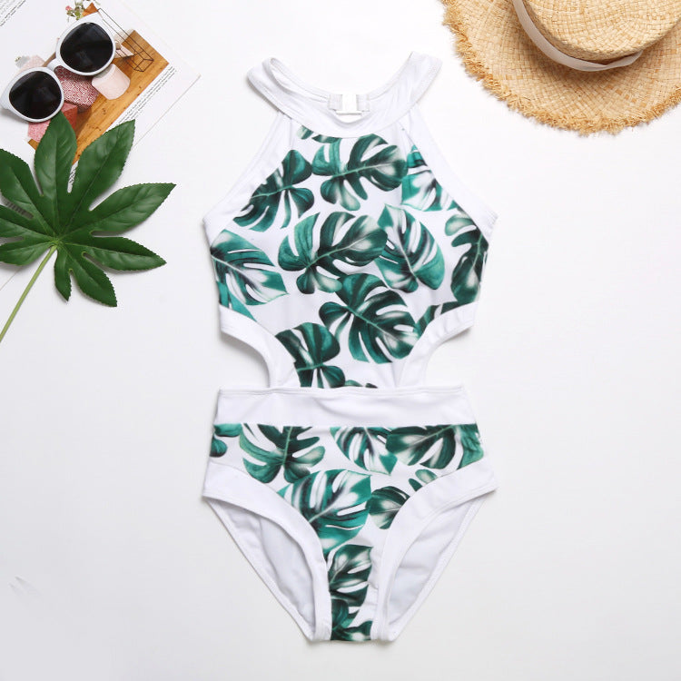 Palm Leaf Print High-Neck Cutout Swimsuit