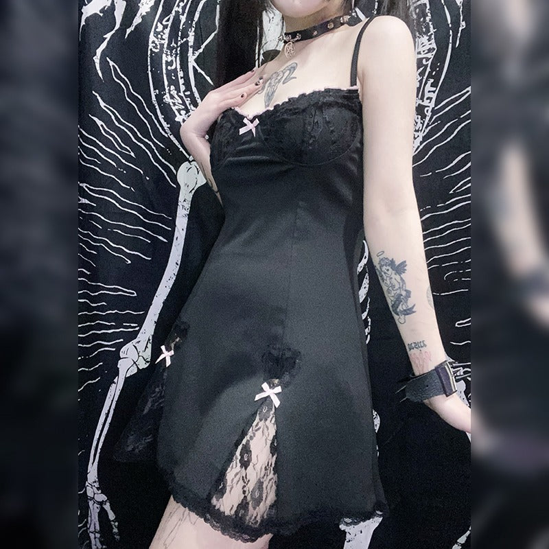 Aesthetic Mini Dress with Lace Patchwork and Spaghetti Straps