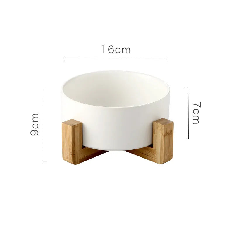 Ceramic Raised Pet Bowl with Wooden Stand, Anti-Slip Elevated Food and Water Dish for Cats and Dogs, Dishwasher Safe