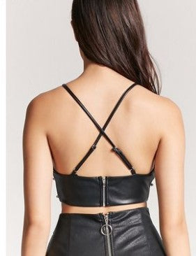 V-Neck Cropped Beaded Faux Leather Tank Top for Women