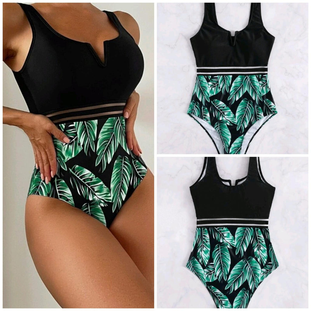 Plus Size Tropical Leaf Print One-Piece Swimsuit