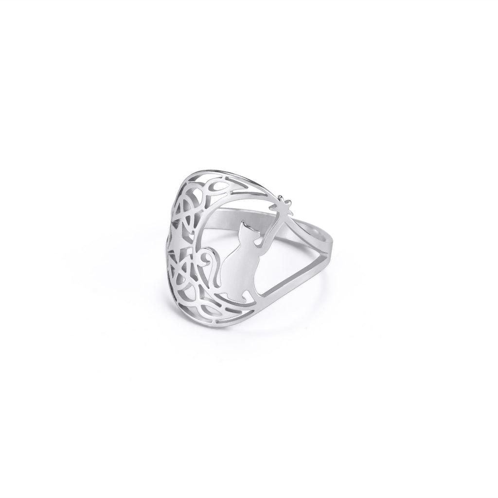 Cat and Star Cutout Ring in Stainless Steel