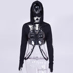 2022 Black Women's Punk Hooded Skull Crop Top Sweatshirt | Streetwear