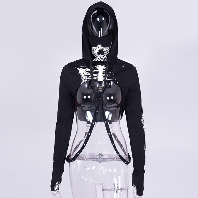 2022 Black Women's Punk Hooded Skull Crop Top Sweatshirt | Streetwear