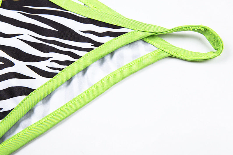 Zebra Print Micro Triangle String Bikini Set with Neon Trim