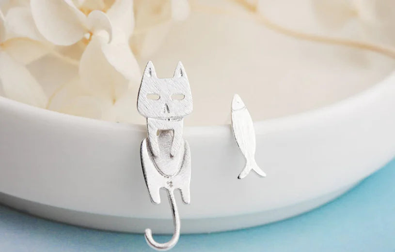 Cat Fish Stud Earrings - Silver Accessories for Cat Lovers | Jewelry