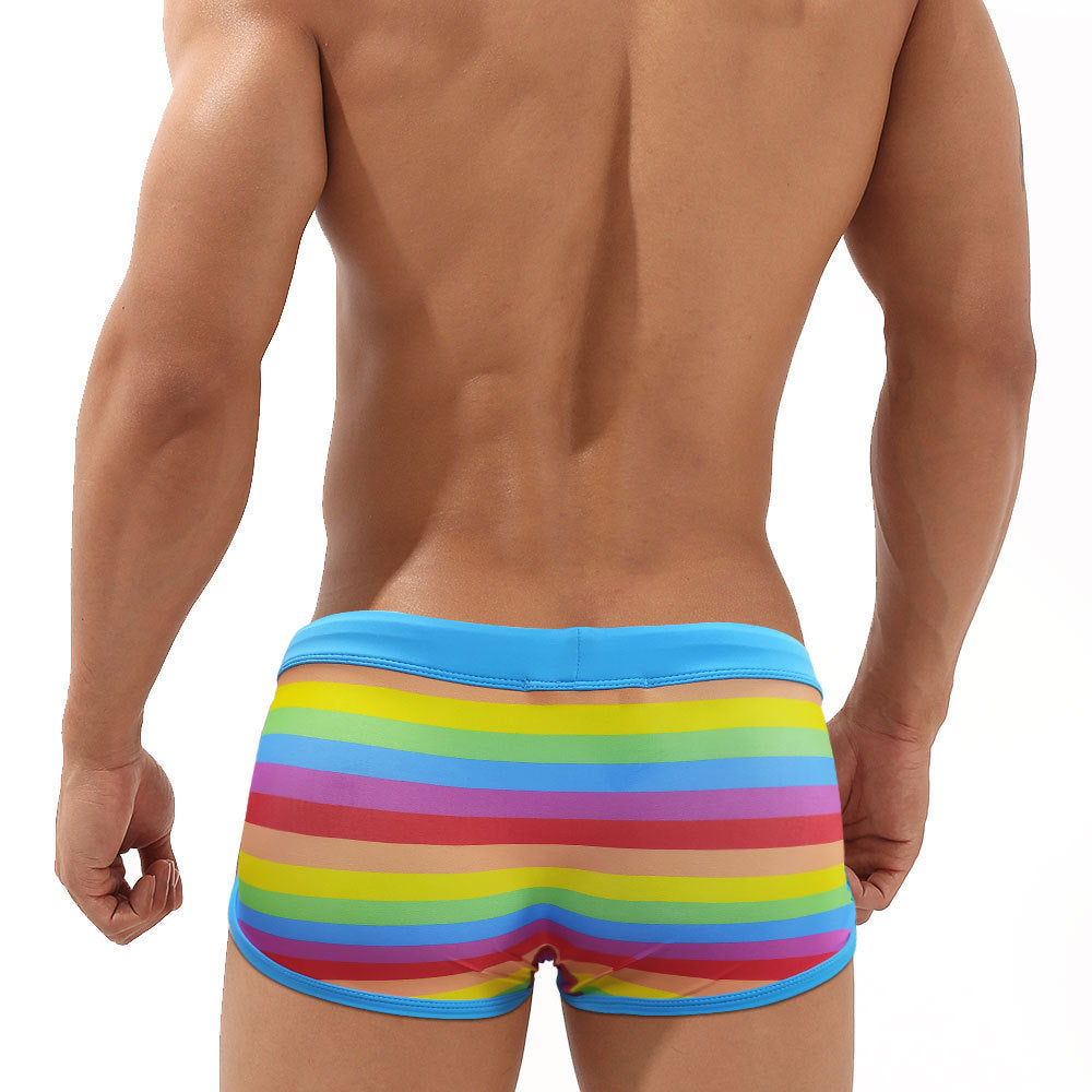 Men's Rainbow Stripe Drawstring Swim Trunks