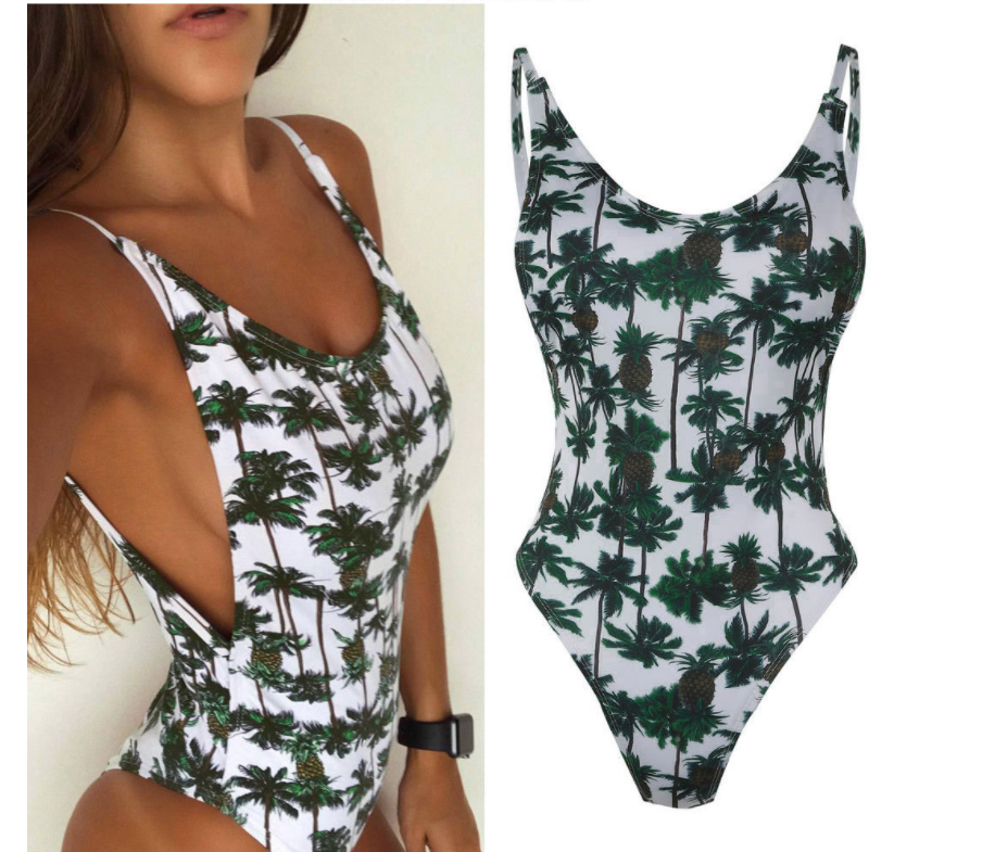 Palm Tree Print Backless One-Piece Swimsuit
