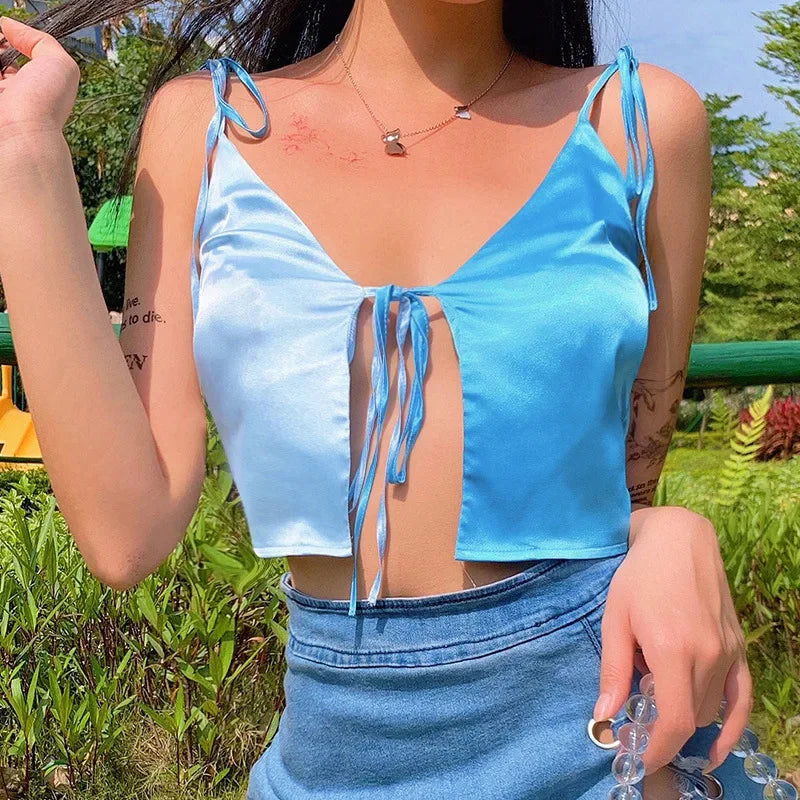 Casual Blue Satin V-neck Crop Top for Women