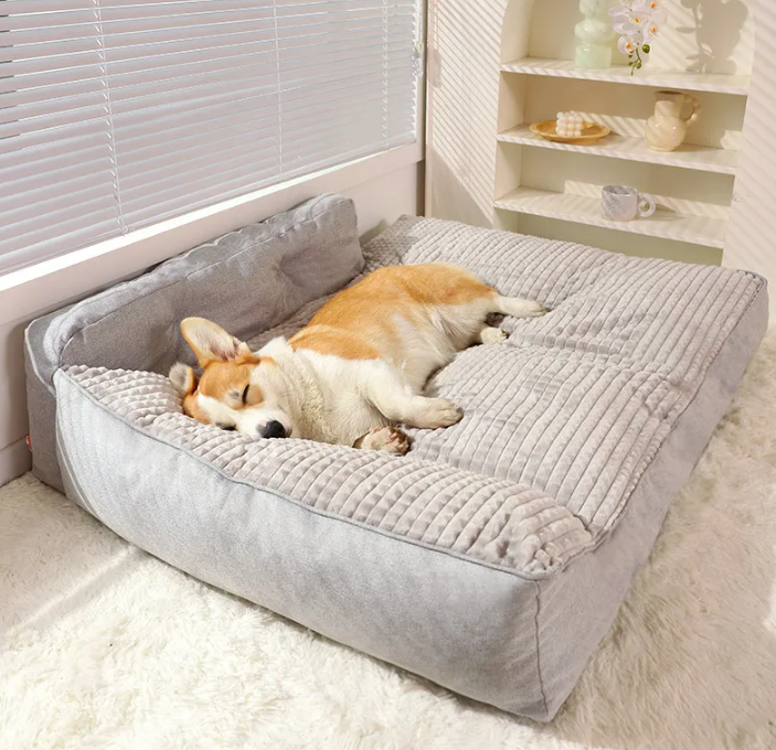 Sofa Style Dog Bed with Bolster & Extended Mat, Washable Plush Calming Couch Bed for Medium Large Dogs, Anti-Slip Pet Lounger