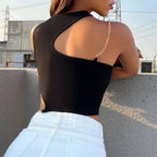 Women's Sleeveless One Shoulder Crop Top with Chain Detail