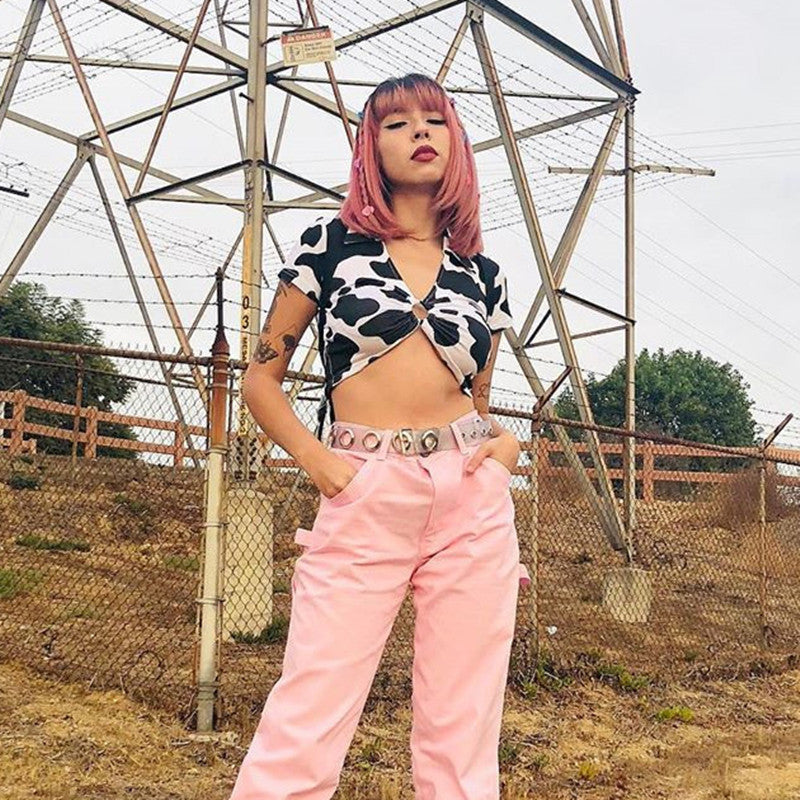 V-Neck Short Sleeve Cow Print Crop Top with Cutout Ring