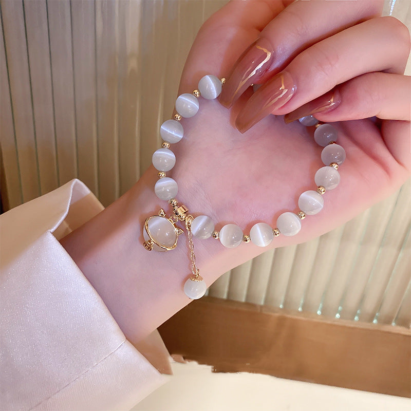 Opal Bead Bracelet with Fortune Cat Charm