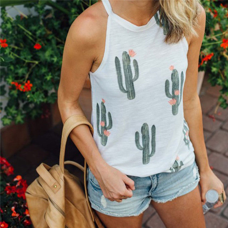 Fashionable Sleeveless Round Neck Cactus Print Tank Top